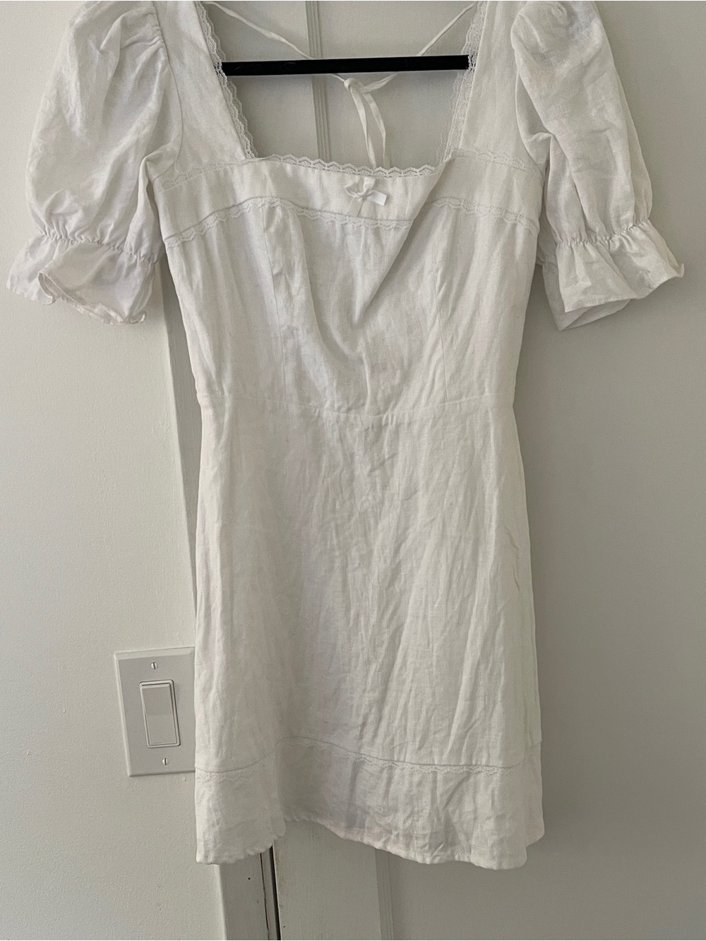 Reformation White Square-Neck Puff Sleeve Mini Dress